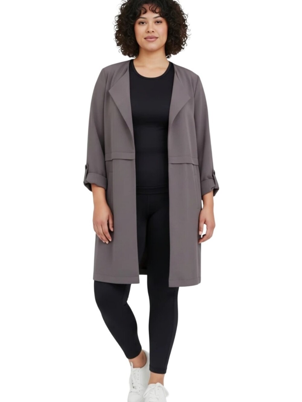 Philosophy Long Open-Front Plus-Size Duster Coatigan - Gray Plus Size 2X